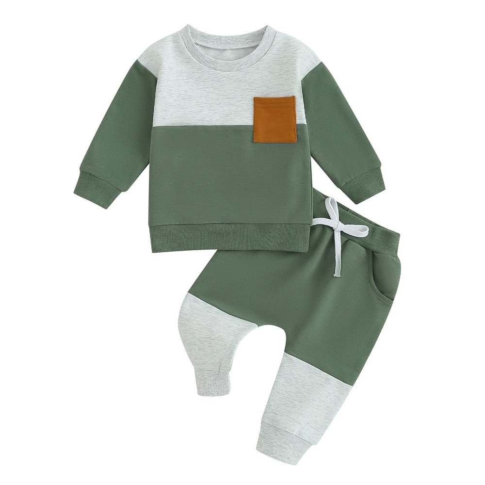 Kupretty Toddler Baby Boy Fall Winter Clothes Color Block Long Sleeve Sweatshirt Pullover Tops + Joggers Pants Outfit Set (C Light Gray Green, 12-18 Months)