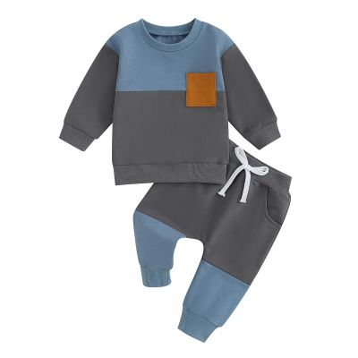 Kupretty Toddler Baby Boy Fall Winter Clothes Color Block Long Sleeve Sweatshirt Pullover Tops + Joggers Pants Outfit Set (C Blue Dark Gray, 12-18 Months)