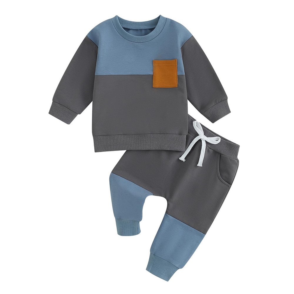 Kupretty Toddler Baby Boy Fall Winter Clothes Color Block Long Sleeve Sweatshirt Pullover Tops + Joggers Pants Outfit Set (C Blue Dark Gray, 12-18 Months)