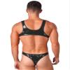 LiiYii Men's U Neck Open Back Leather Bodysuits One Piece Bikini Leotard Tops Sleeveless Swimsuits Black 3X-Large view 2