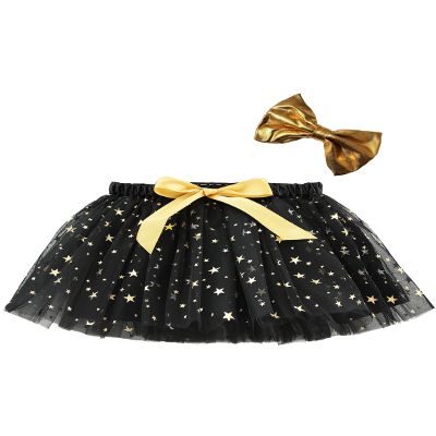 Jelly Brynn Toddler Big Girls Stars Moon Sequins Tutu Skirt Layered Princess Ballet Dancing Tulle Skirt with Hair Clip (M, Black)