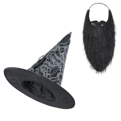 SIQITECHNO Adult Tattered Witch Hat With Long Beard Set Wizard Costume Hat Beard Suit for Cosplay Halloween Party Accessories