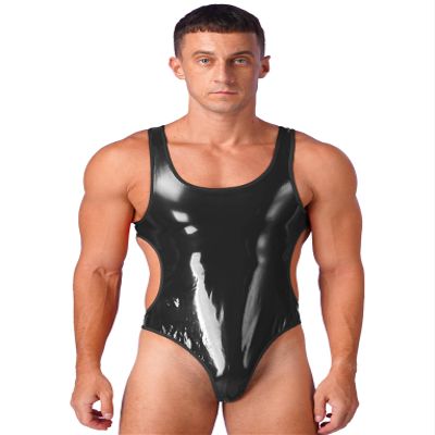 Zaldita Men's Shiny Wetlook PVC Leather Bodysuit Tank Bikini Leotard Open Back Swimsuits Swimwear Black 4X-Large