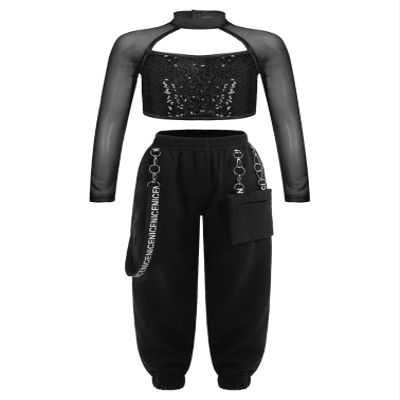 Linjinx Kids Girls Hip Hop Dance Clothes 2PCS Sequin Long Sleeve Crop Top Cargo Pants Sets Active Outfits Tracksuit Black 8 Years