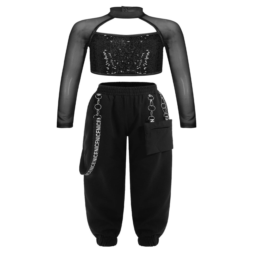 Linjinx Kids Girls Hip Hop Dance Clothes 2PCS Sequin Long Sleeve Crop Top Cargo Pants Sets Active Outfits Tracksuit Black 8 Years