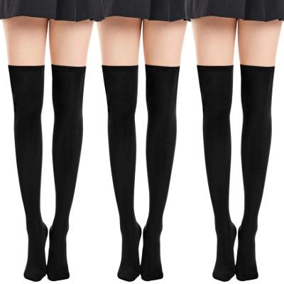 Ammiko Womens Thigh High Socks Cotton Over the Knee Socks Long Knee High Socks Casual High Stockings for Women Black/Black/Black