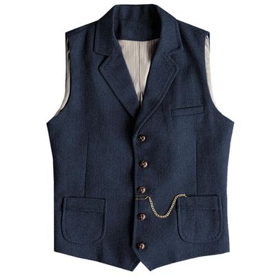 AeoTeokey Men's Tweed Suit Vest Western Herringbone Wool Casual Waistcoat for Groomsman (Navy,Medium)