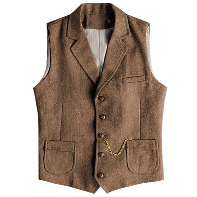 AeoTeokey Men's Tweed Suit Vest Western Herringbone Wool Casual Waistcoat for Groomsman (Brown,XX-Large)