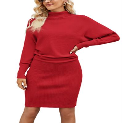 chouyatou Womens Fall Bodycon Midi Sweater Dress Sexy Elegant Pullover Turtleneck Sweater Dress (Small, Red)