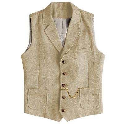 AeoTeokey Men's Tweed Suit Vest Western Herringbone Wool Casual Waistcoat for Groomsman (Champagne,Large)