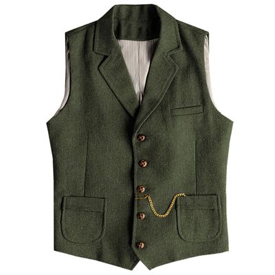 AeoTeokey Men's Tweed Suit Vest Western Herringbone Wool Casual Waistcoat for Groomsman (Army Green,Medium)