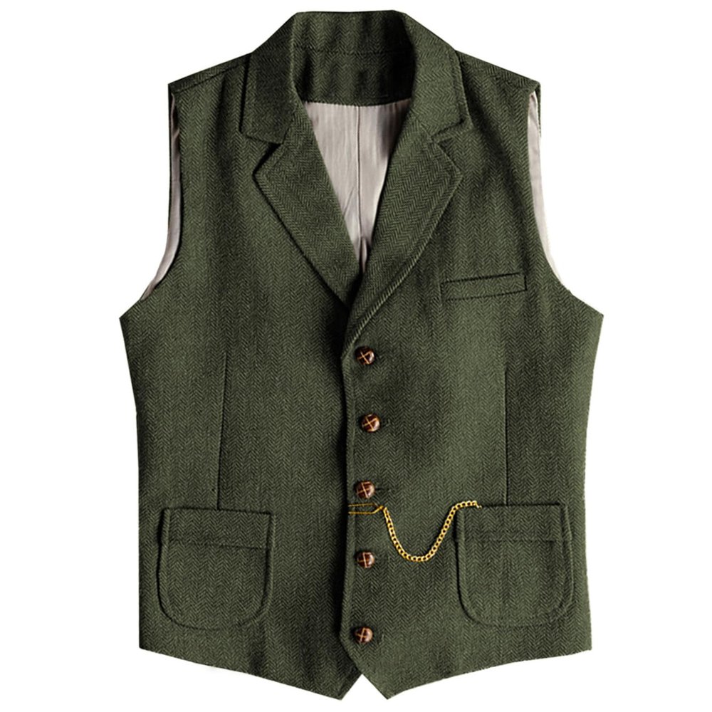 AeoTeokey Men's Tweed Suit Vest Western Herringbone Wool Casual Waistcoat for Groomsman (Army Green,Medium)