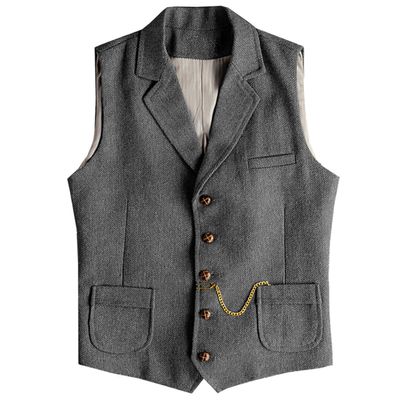 AeoTeokey Men's Tweed Suit Vest Western Herringbone Wool Casual Waistcoat for Groomsman (Grey,Small)
