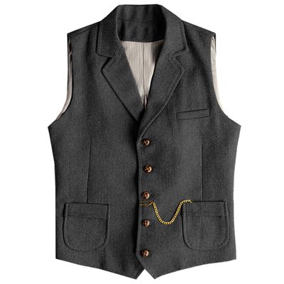 AeoTeokey Men's Tweed Suit Vest Western Herringbone Wool Casual Waistcoat for Groomsman (Black,X-Small)