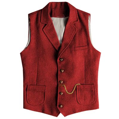 AeoTeokey Men's Tweed Suit Vest Western Herringbone Wool Casual Waistcoat for Groomsman (Red,X-Small)