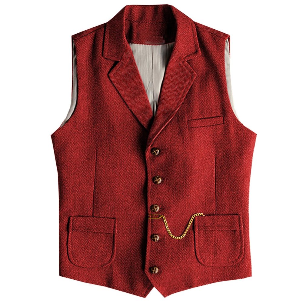 AeoTeokey Men's Tweed Suit Vest Western Herringbone Wool Casual Waistcoat for Groomsman (Red,X-Small)