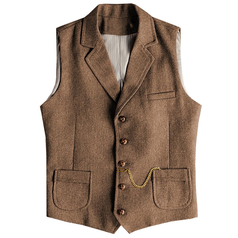AeoTeokey Men's Tweed Suit Vest Western Herringbone Wool Casual Waistcoat for Groomsman (Brown,Medium)