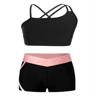 Hansber Kids Girls Crop Top with Booty Shorts Set 2 Piece Dance Sport Outfits Gymnastics Leotard Dancewear Swimwear Pink#b 12 Years