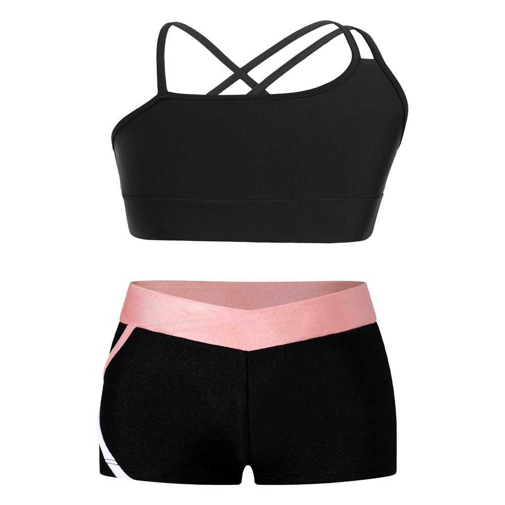 Hansber Kids Girls Crop Top with Booty Shorts Set 2 Piece Dance Sport Outfits Gymnastics Leotard Dancewear Swimwear Pink#b 12 Years