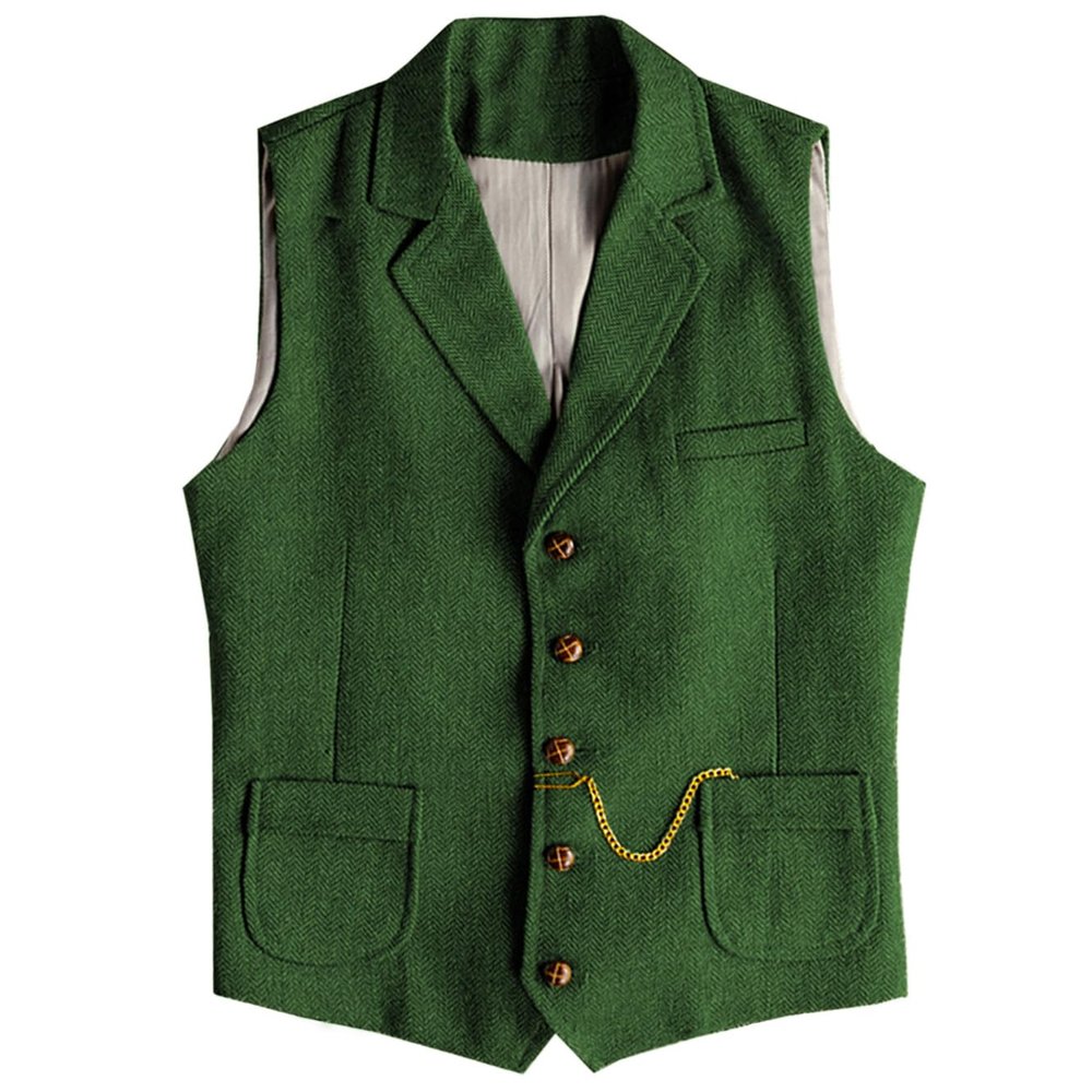 AeoTeokey Men's Tweed Suit Vest Western Herringbone Wool Casual Waistcoat for Groomsman (Green,XX-Large)