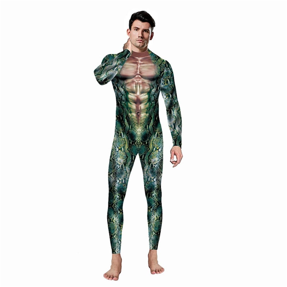 Urmycos Men's Animal Print Halloween Costume Bodysuit Jumpsuit for Cosplay Party Green Snake L