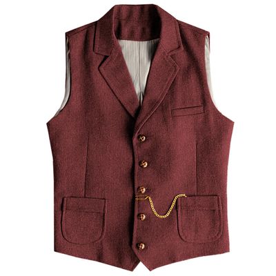 AeoTeokey Men's Tweed Suit Vest Western Herringbone Wool Casual Waistcoat for Groomsman (Burgundy,Small)