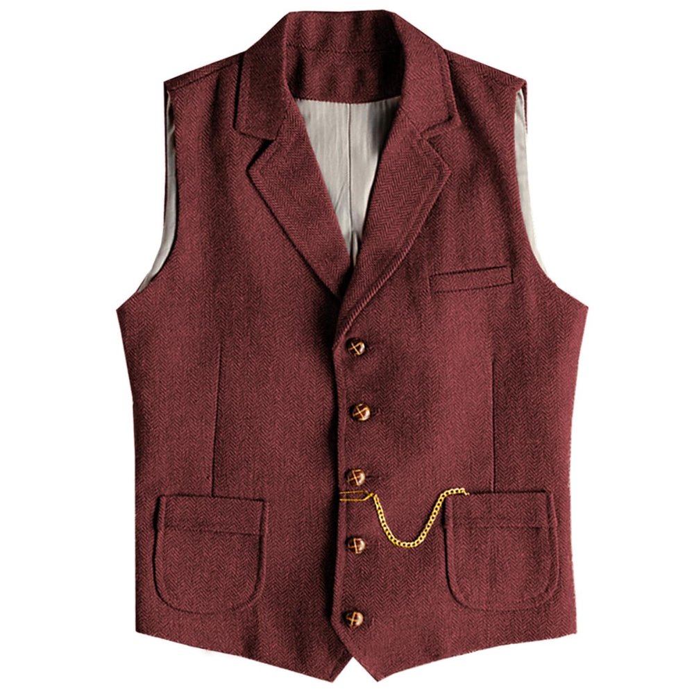 AeoTeokey Men's Tweed Suit Vest Western Herringbone Wool Casual Waistcoat for Groomsman (Burgundy,Small)