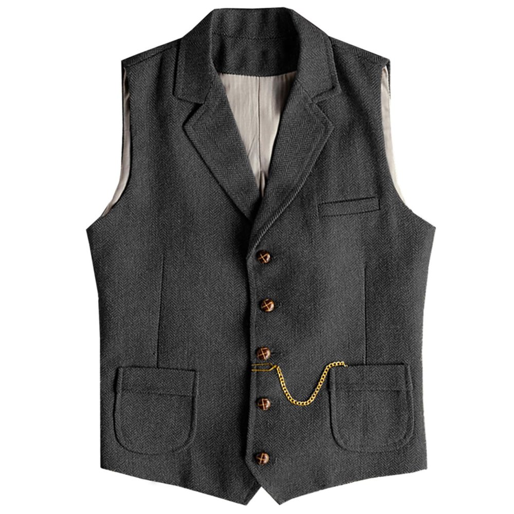 AeoTeokey Men's Tweed Suit Vest Western Herringbone Wool Casual Waistcoat for Groomsman (Black,Medium)