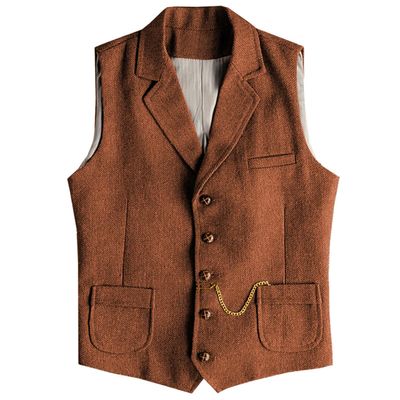 AeoTeokey Men's Tweed Suit Vest Western Herringbone Wool Casual Waistcoat for Groomsman (Orange,3X-Large)