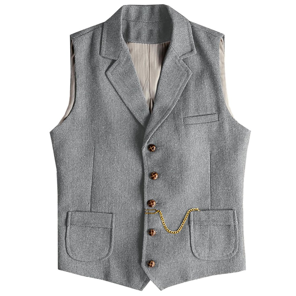 AeoTeokey Men's Tweed Suit Vest Western Herringbone Wool Casual Waistcoat for Groomsman (Silver,Medium)