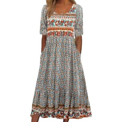 Women Empire Waist Midi Sundress Summer Casual Boho Ethnic Floral Print Beach Dresses Crew Neck Half Sleeve Long Dress with Pockets Mexico Dresses for Women