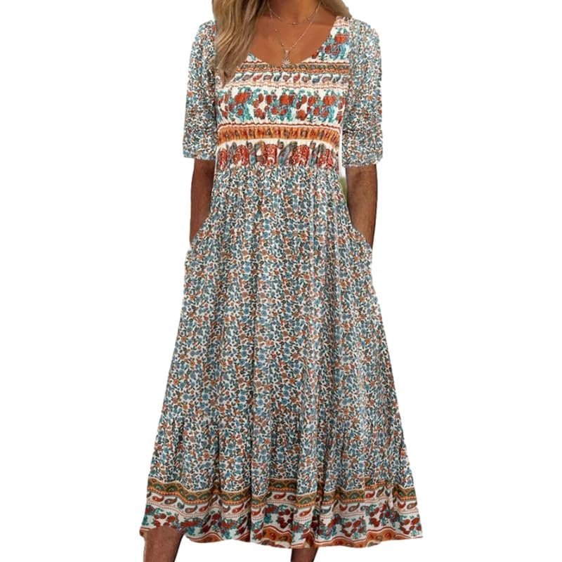 Women Empire Waist Midi Sundress Summer Casual Boho Ethnic Floral Print Beach Dresses Crew Neck Half Sleeve Long Dress with Pockets Mexico Dresses for Women