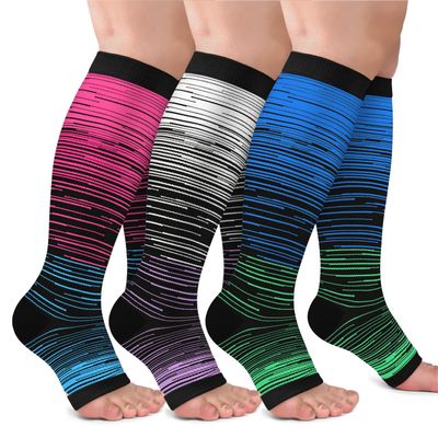 CTHH 3 Pack Open Toe Compression Socks for Women & Men, Toeless Knee High Stockings for Circulation Support,Red Blue Gray Large-X-Large