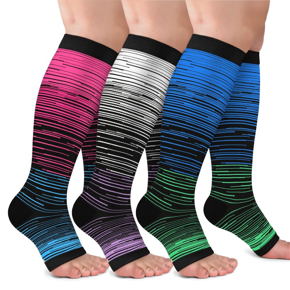 CTHH 3 Pack Open Toe Compression Socks for Women & Men, Toeless Knee High Stockings for Circulation Support,Red Blue Gray Large-X-Large