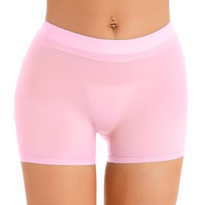 Rswnyirn Women's Ultra Thin Mesh Sheer High Waisted Stretchy Tight Boxer Shorts Underwear Boyshorts Pink One Size