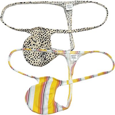 Jaxu Sexy Men's String T-back Bikini Underwear Enhancing Male Tiny Slip Bulge Beach Thong Contour Pouch Tanags 2-Pack(Leopard,Orange Stripe) L