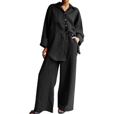 ZYXTIM Matching Linen Sets for Women Baggy Loose Lightweight Lounge Shirts Palazzo Pants Plus Size Casual Work Vacation Sets Black