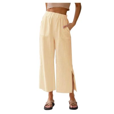 ZBYY Women's Cotton Linen Pants Summer Casual Loose High Waist Drawstring Wide Leg Palazzo Pants Trousers with Pockets Yellow