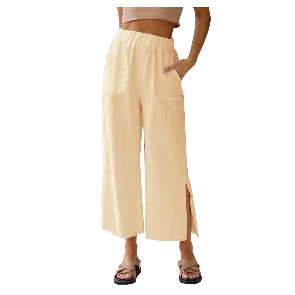 ZBYY Women's Cotton Linen Pants Summer Casual Loose High Waist Drawstring Wide Leg Palazzo Pants Trousers with Pockets Yellow