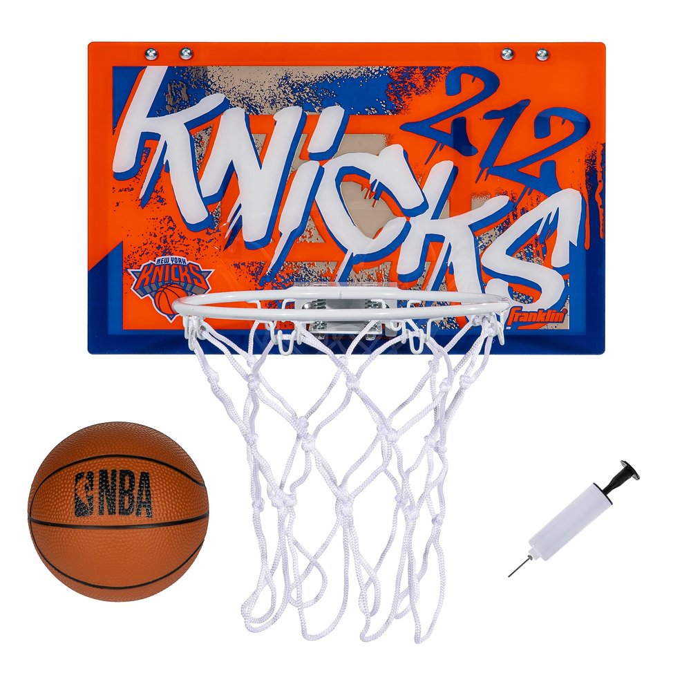 Franklin Sports NBA New York Knicks Over The Door Basketball Hoop - Kids Indoor Hoop with Mini Basketball - NBA Fan Shop Toy for Bedroom + Office - Over The Door Set