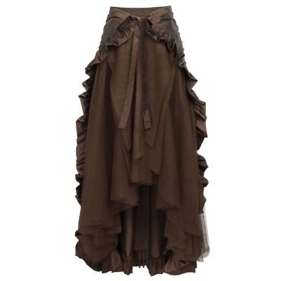 NATHGAM Women's Steampunk Dress Halloween Gothic Wrap Skirt Victorian Ruffle Pirate Skirt Ladies High Low Steampunk Skirts Brown