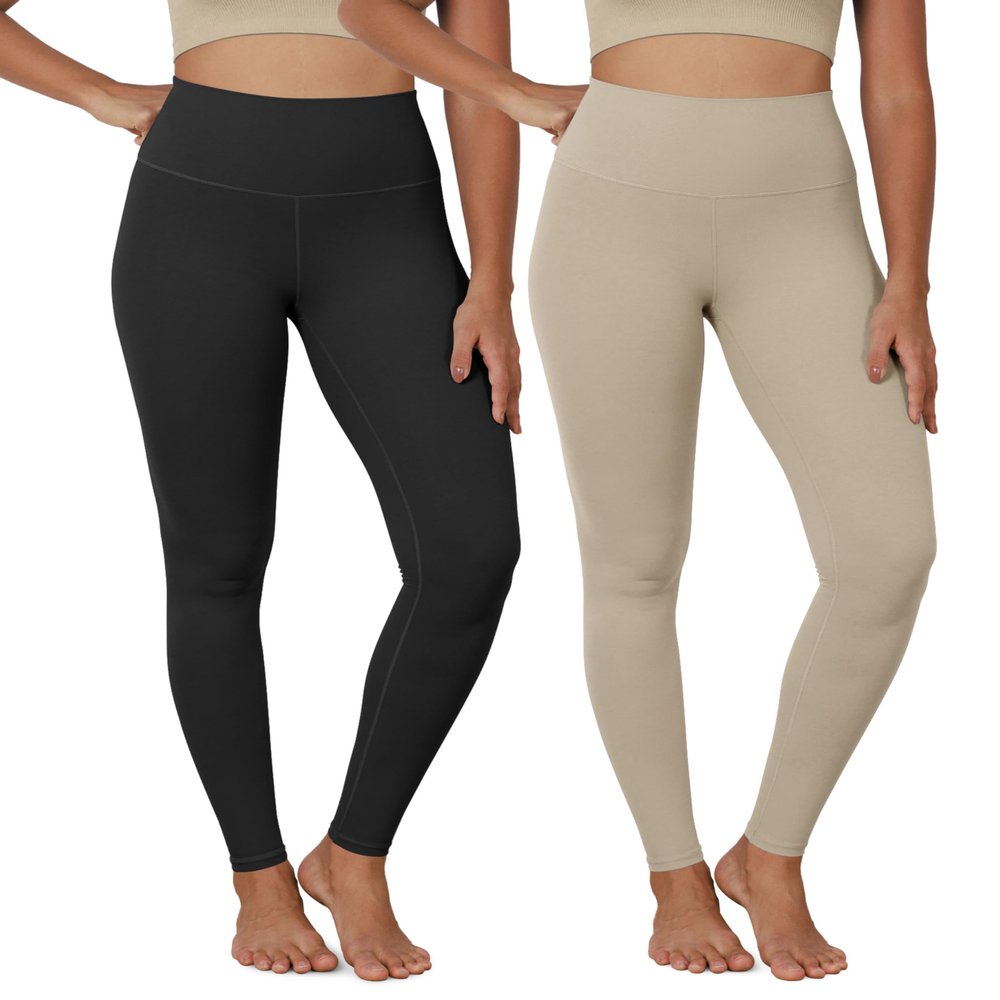 ODODOS 2-Pack Buttery Soft Lounge Yoga Leggings for Women Full Length 28" High Waist Yoga Pants, Black+Shaker Beige, X-Large