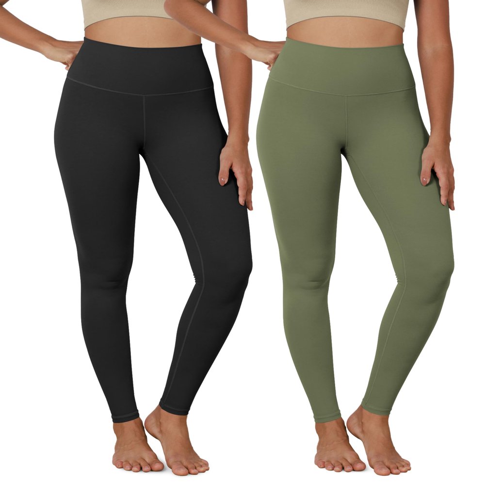 ODODOS 2-Pack Buttery Soft Lounge Yoga Leggings for Women Full Length 28" High Waist Yoga Pants, Black+Dark Olive, X-Small