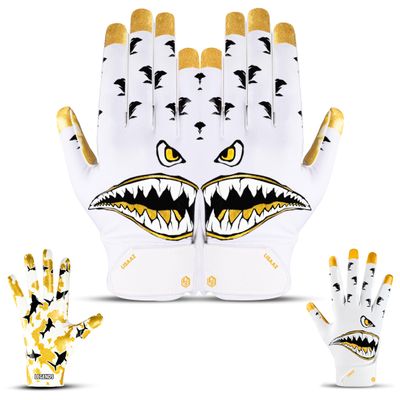 LISAAZ Football Gloves Sticky Grip Youth Football Gloves | Receiver Durable Youth & Adult Tacky Sports Training Game Day Gear Gift (Shark/White&Gold, Youth X-Small/Small)