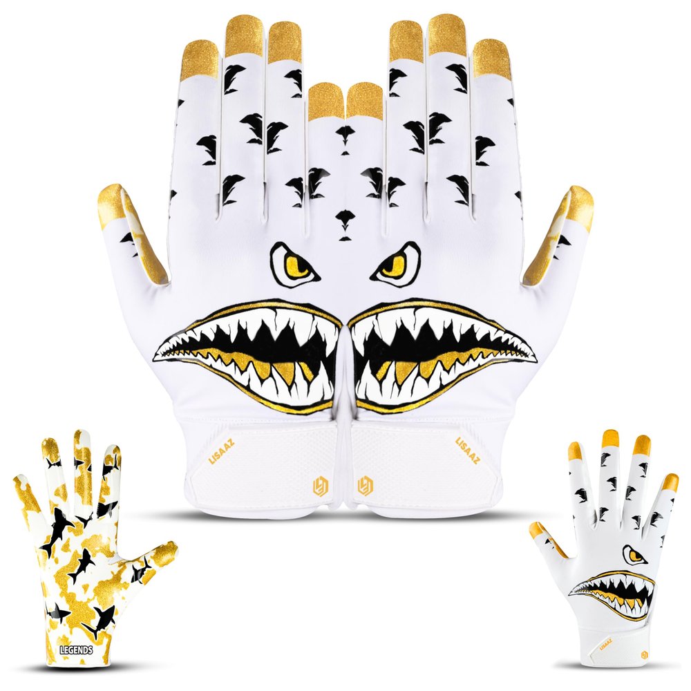 LISAAZ Football Gloves Sticky Grip Youth Football Gloves | Receiver Durable Youth & Adult Tacky Sports Training Game Day Gear Gift (Shark/White&Gold, Youth X-Small/Small)