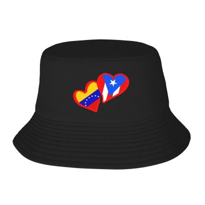 Hearts Venezuela Flags and Puerto Rico Flag Bucket Hat for Men Women Summer Beach Hat Fishing Cap Sun Hats Black