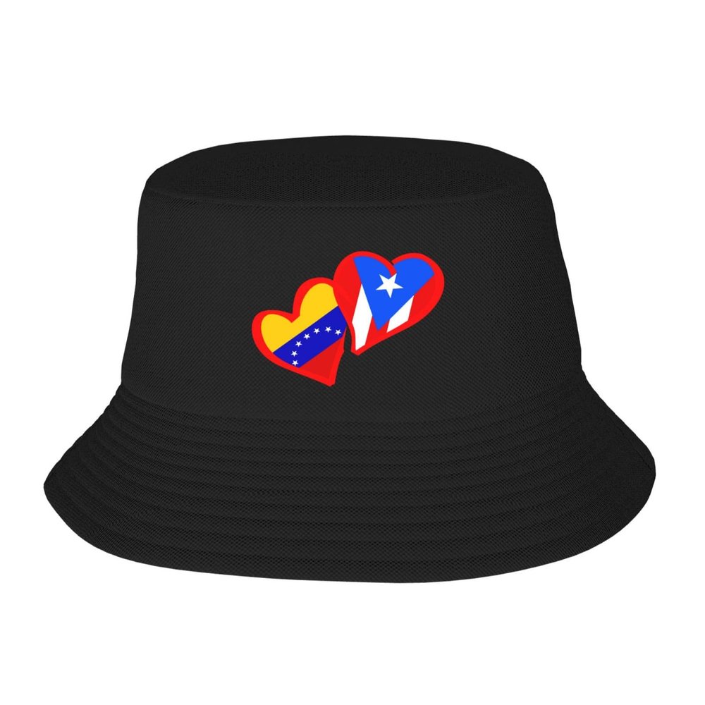 Hearts Venezuela Flags and Puerto Rico Flag Bucket Hat for Men Women Summer Beach Hat Fishing Cap Sun Hats Black