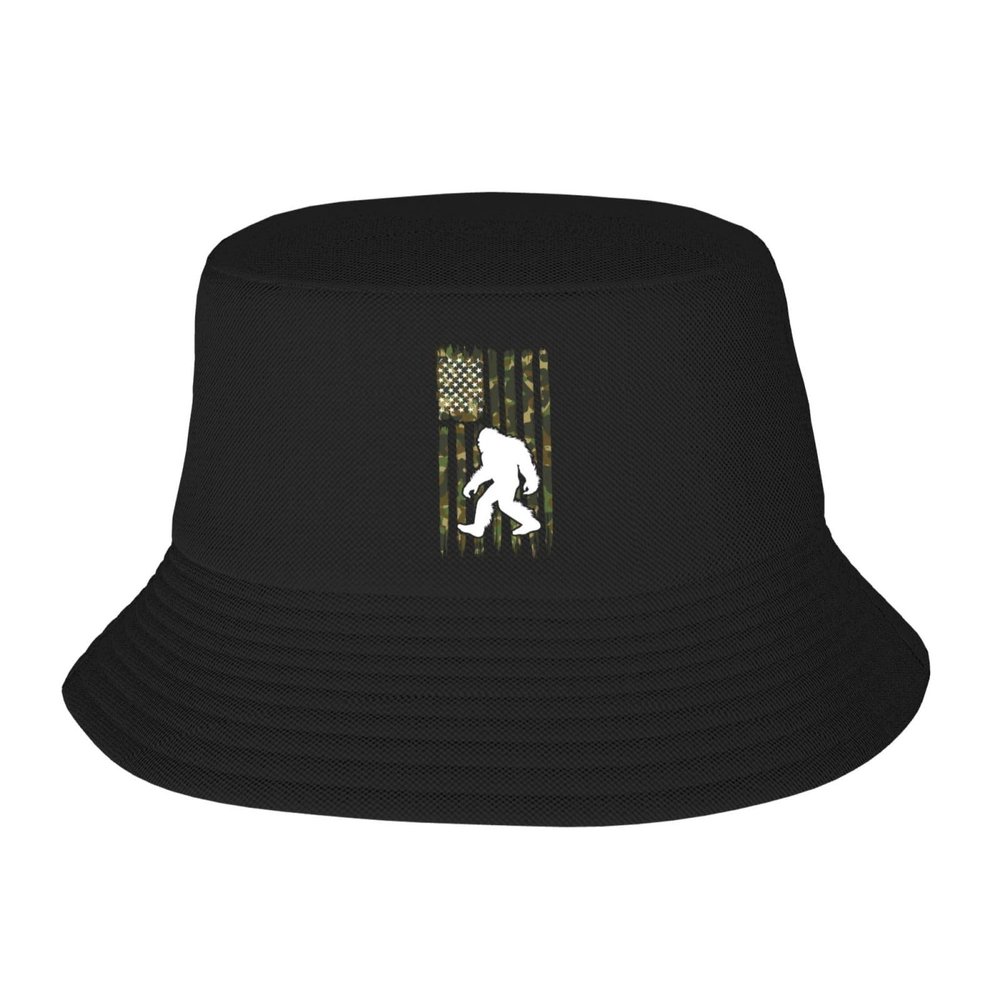 Camo American Flag and Bigfoot Sasquatch Bucket Hat for Men Women Summer Beach Hat Fishing Cap Sun Hats Black
