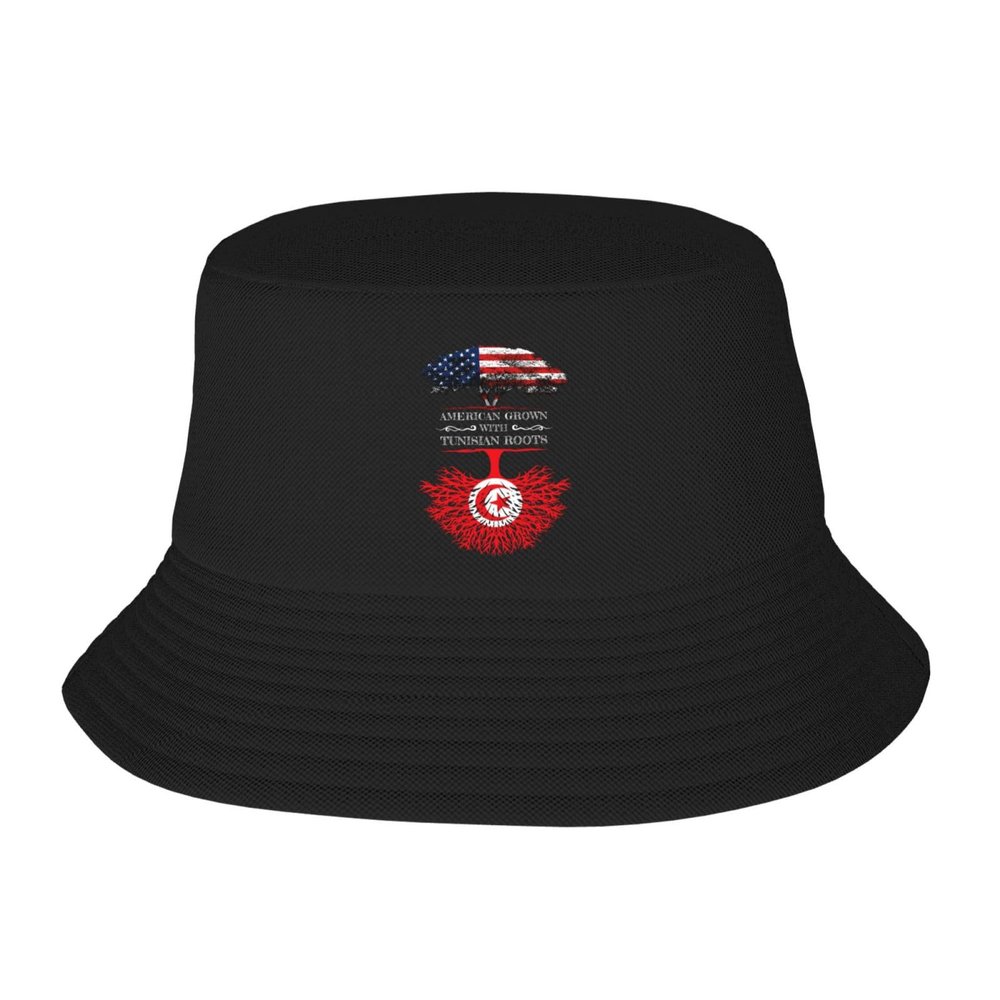 American Grown with Tunisian Roots Tunisia Flag Bucket Hat for Men Women Summer Beach Hat Fishing Cap Sun Hats Black