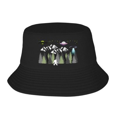 UFO Bigfoot Sasquatch Trees Forest Hide and Seek Bucket Hat for Men Women Summer Beach Hat Fishing Cap Sun Hats Black